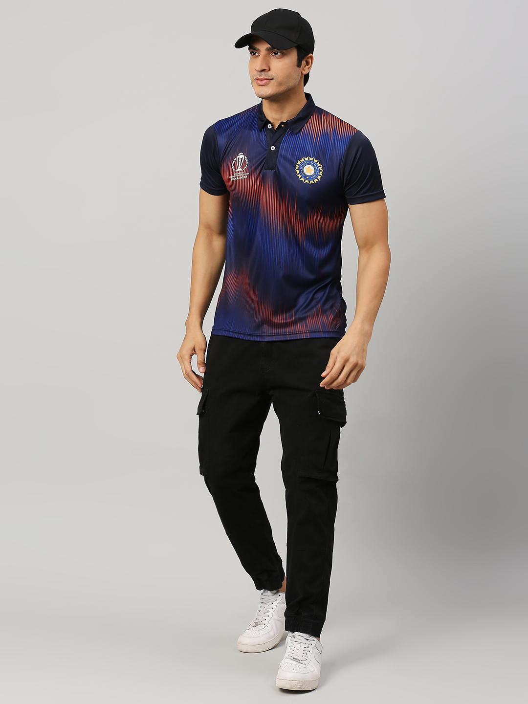 Buy Official ICC CWC 23 Men Navy Blue Printed Short Sleeves Polo Collar