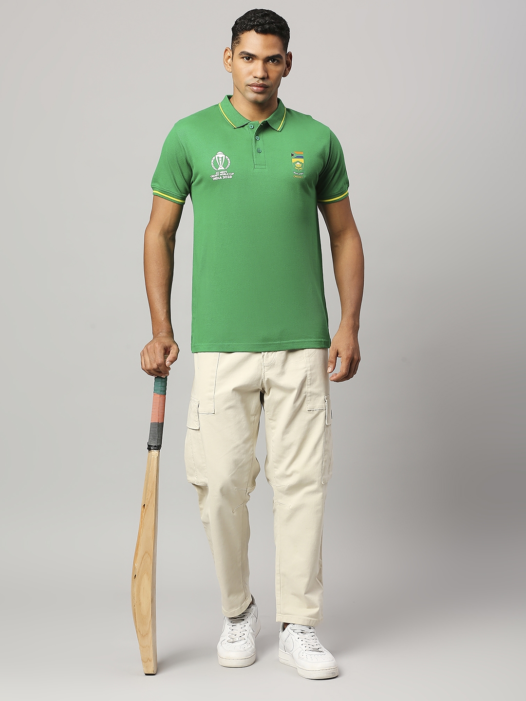 Buy Official ICC CWC 23 Men Green Solid Short Sleeves Polo Collar T