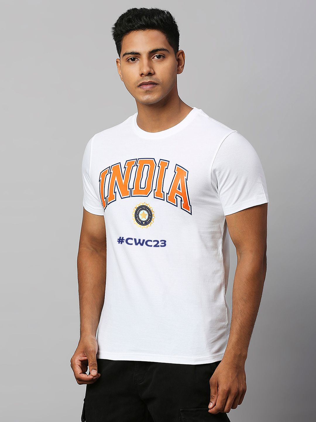 Buy Official ICC CWC 23 Men White Solid Short Sleeves Round Neck T