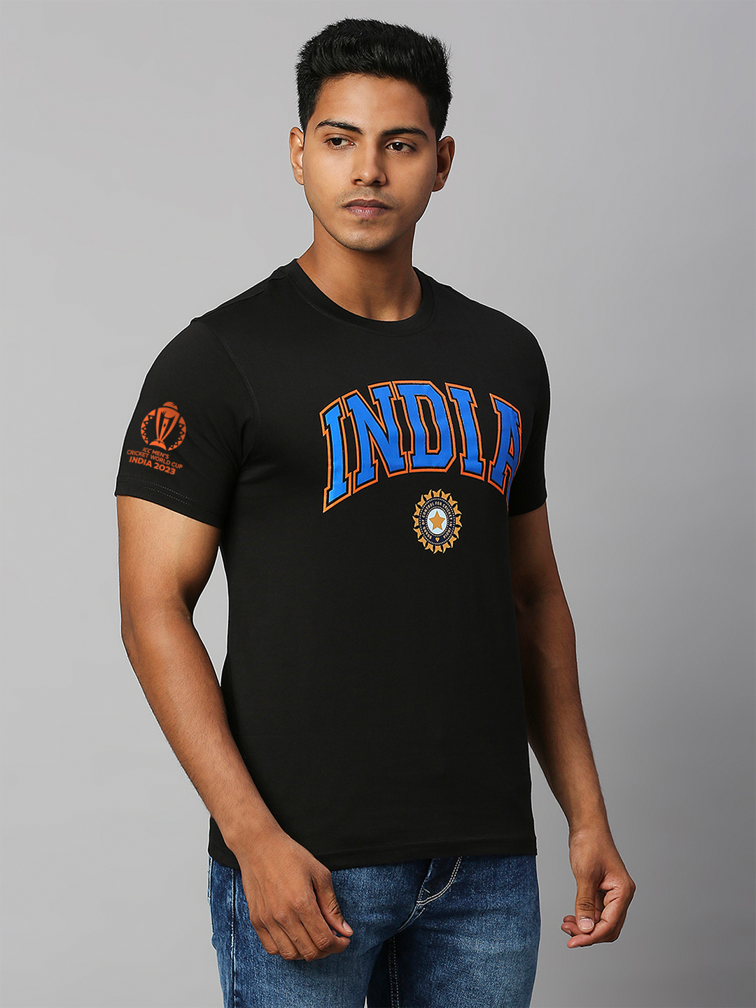 Buy Official Icc Cwc Team India Grey And Navy Blue Round Neck T