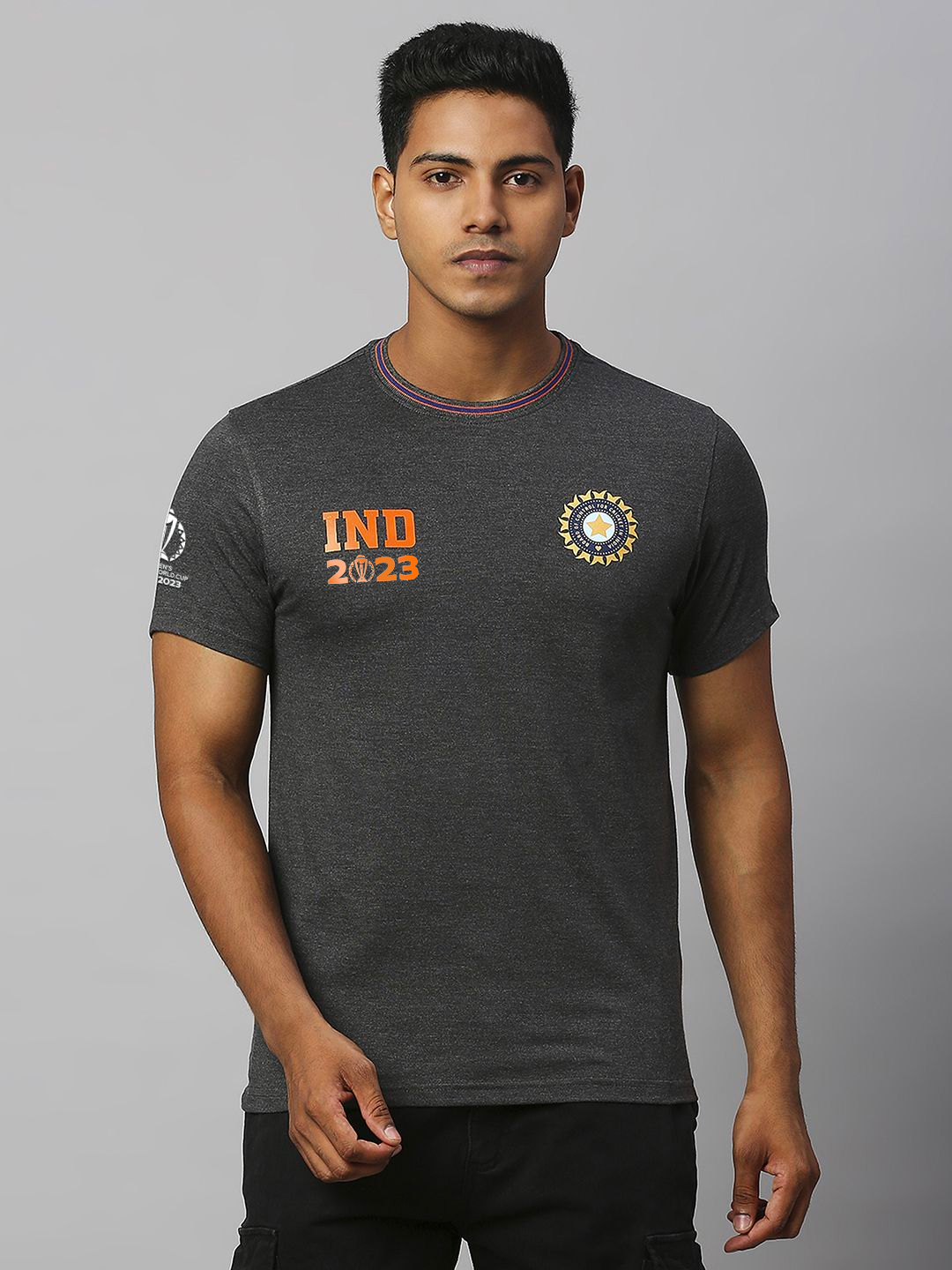 Buy Official ICC CWC 23 Men Anthra Melange Solid Short Sleeves Round