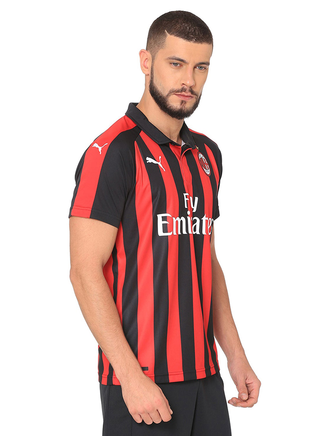 AC Milan Men Black and Red Striped Half Sleeves Polo Collar Replica T-Shirt with Sponsor Logo (2)