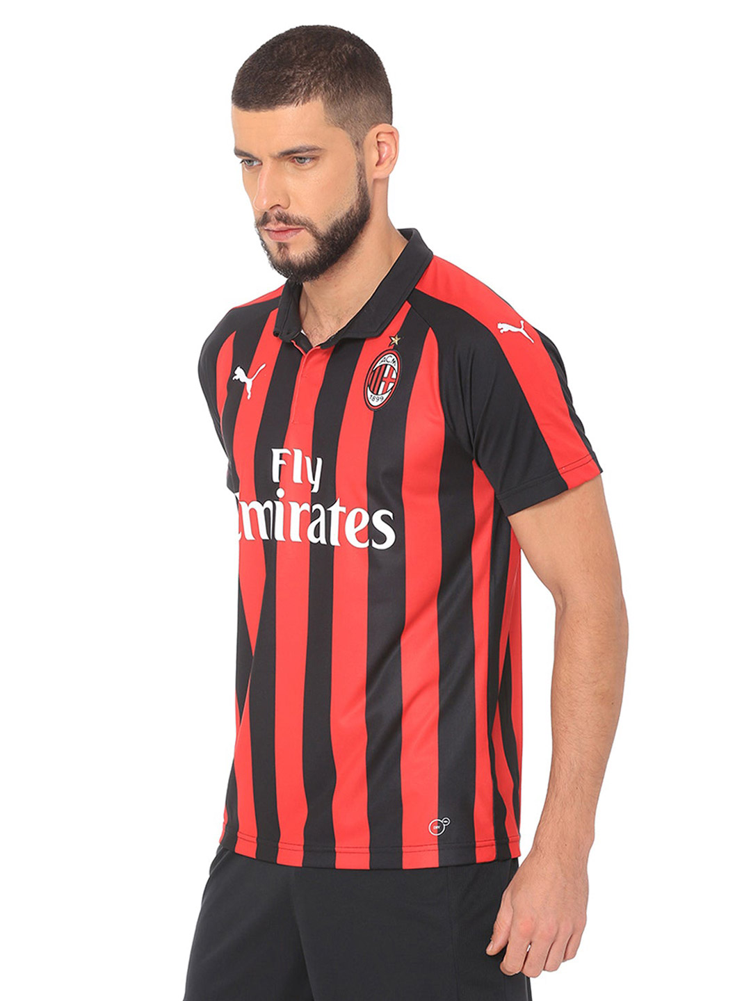 AC Milan Men Black and Red Striped Half Sleeves Polo Collar Replica T-Shirt with Sponsor Logo (4)
