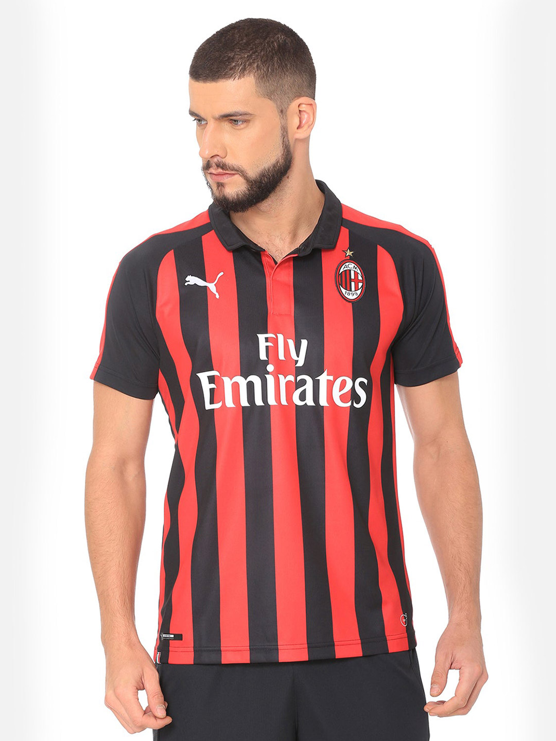 AC Milan Men Black and Red Striped Half Sleeves Polo Collar Replica T-Shirt with Sponsor Logo