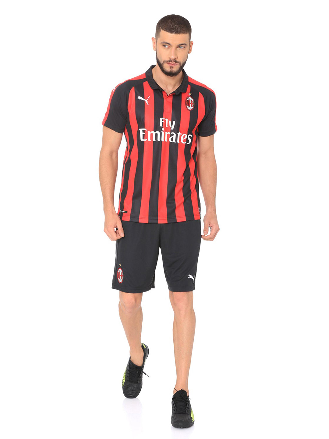 AC Milan Men Black and Red Striped Half Sleeves Polo Collar Replica T-Shirt with Sponsor Logo (5)