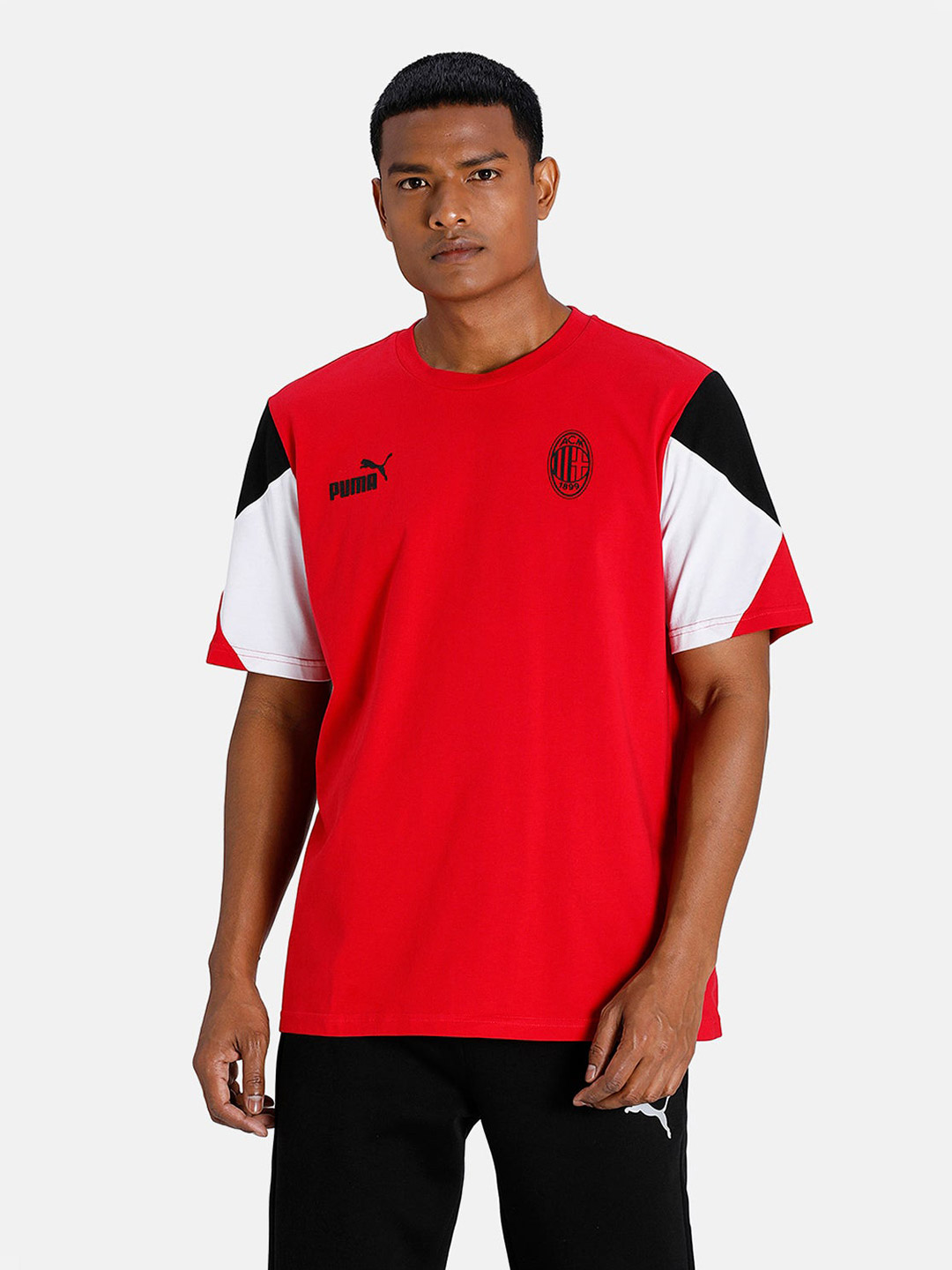 AC Milan Men Red and Black Logo Printed Half Sleeves Round Neck Football Culture T-Shirt (1)