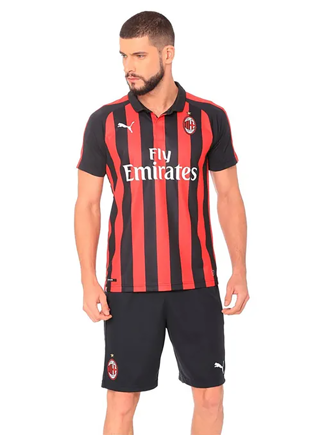 AC Milan Men Red and Black Striped Half Sleeves Polo Collar Polyester Jersey (1)