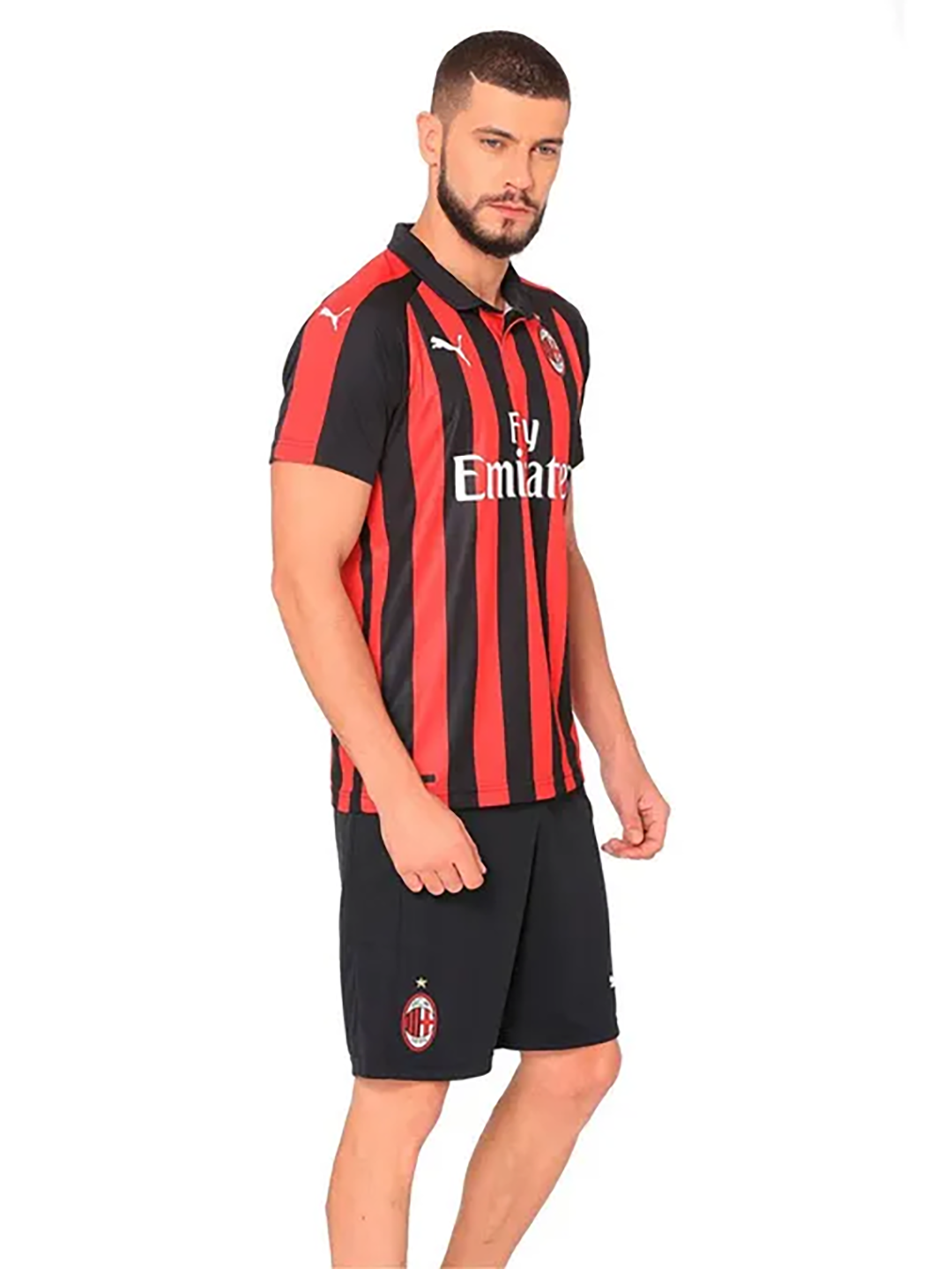 AC Milan Men Red and Black Striped Half Sleeves Polo Collar Polyester Jersey (3)
