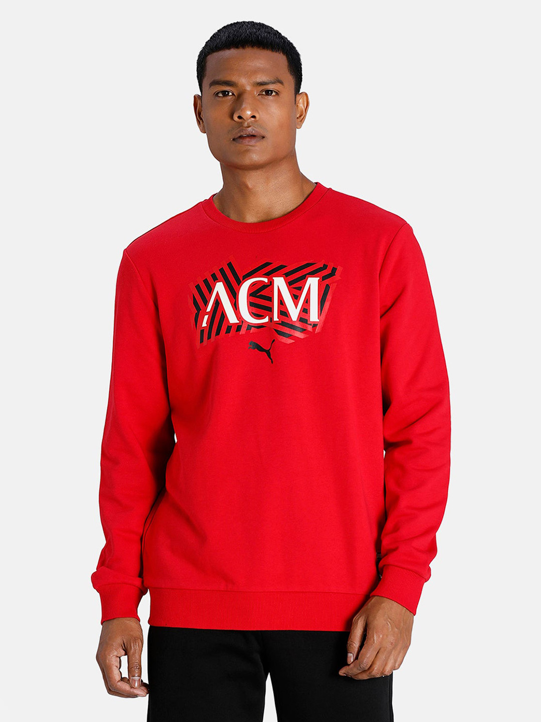AC Milan Men Red and Black Typography Printed Full Sleeves Round Neck Cotton Sweatshirt