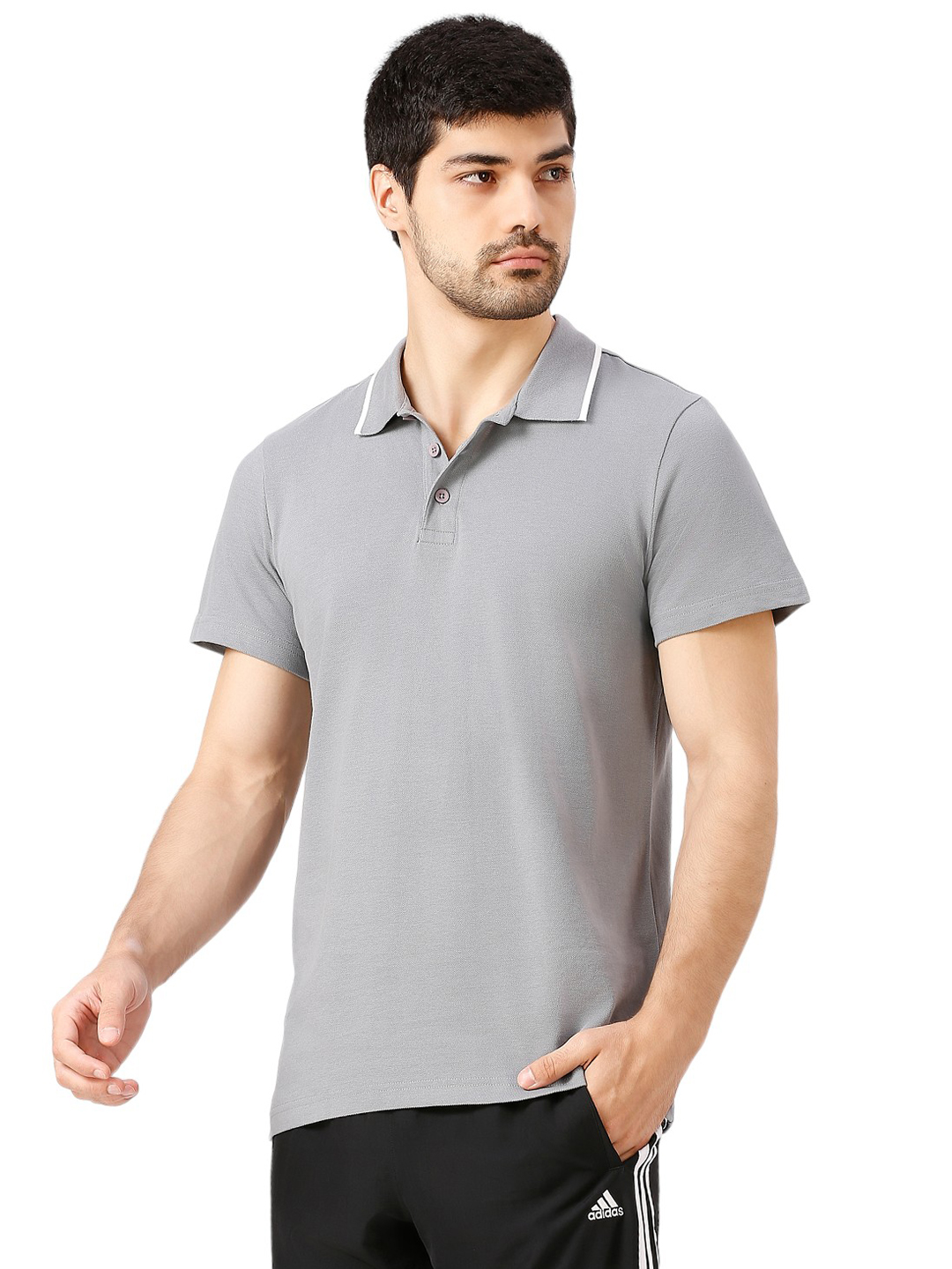 Adidas Men Grey Solid Half Sleeves Base Cor Polo Collar T-Shirt (2)
