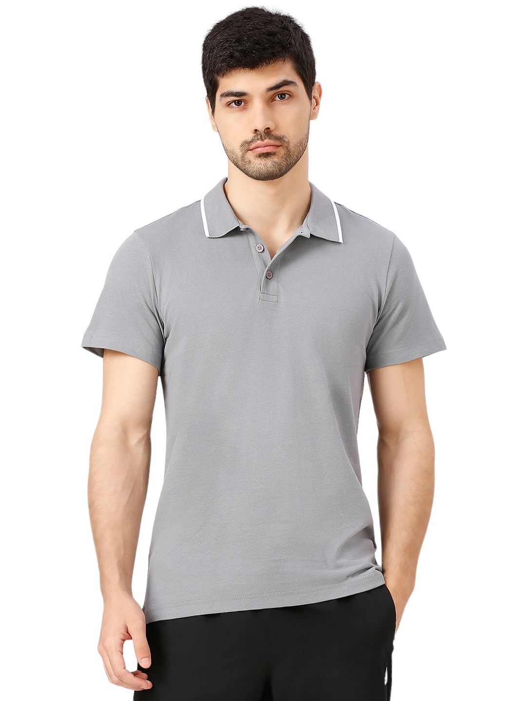Men Grey Solid Half Sleeves Base Cor Polo Collar T-Shirt
