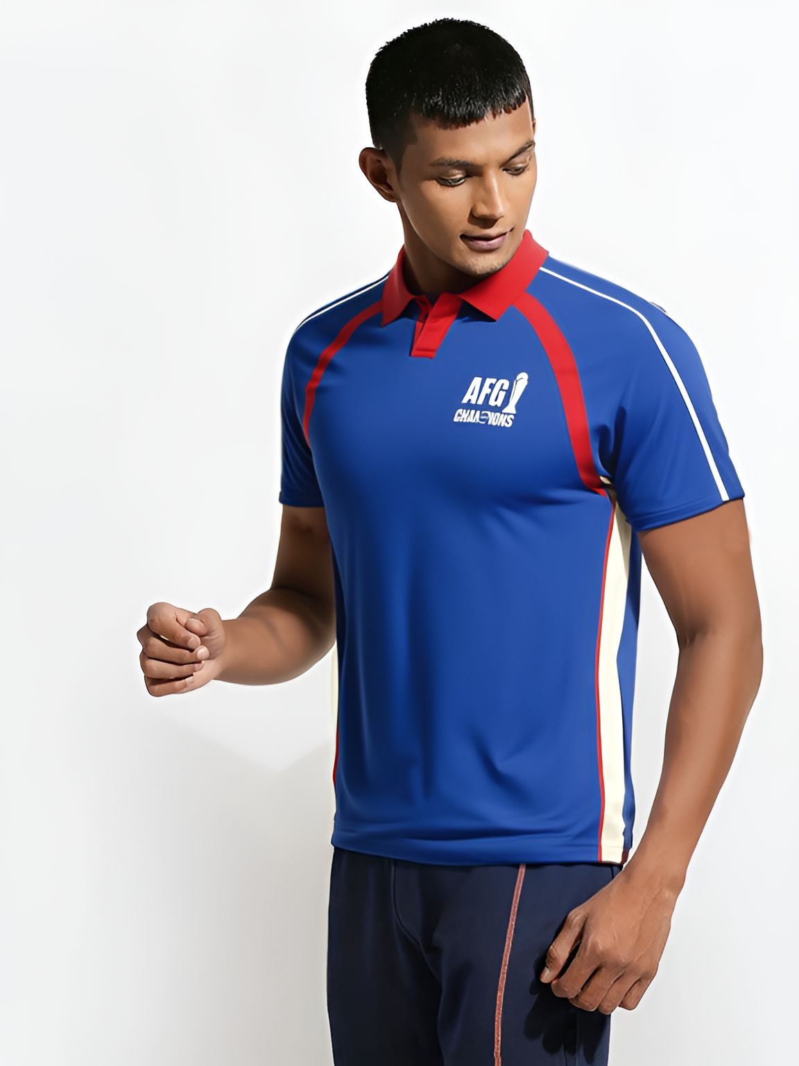 Afghanistan Men Blue and Red Colourblocked Raglan Sleeves Polo Collar T-Shirt (2)