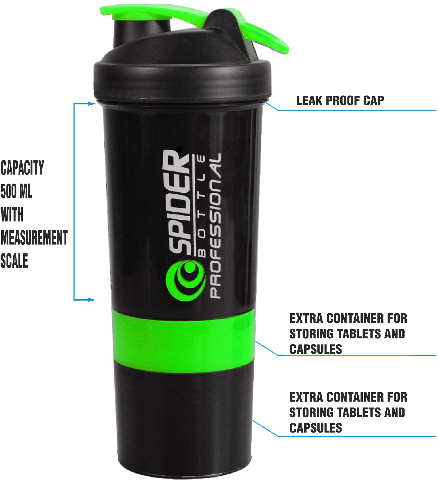 Ajro Deal Protein Shaker Bottle for gym with 2 Storage Compartment 500 ml (6)