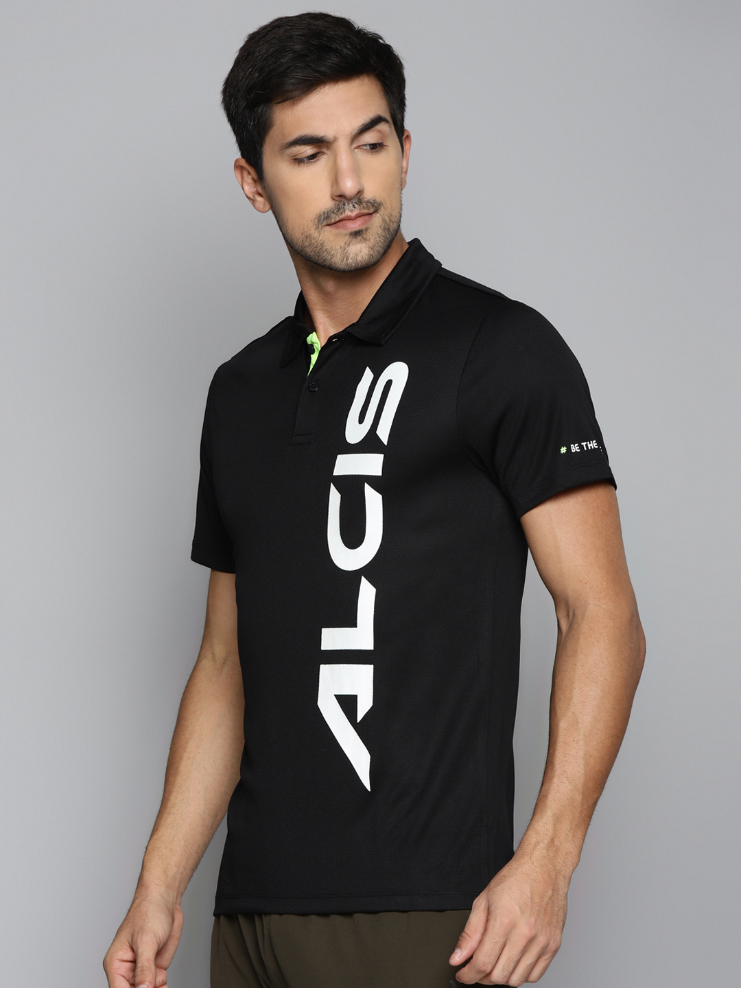 Alcis Men Black & White Brand Logo Printed Polo Collar Slim Fit Running T-shirt (2)