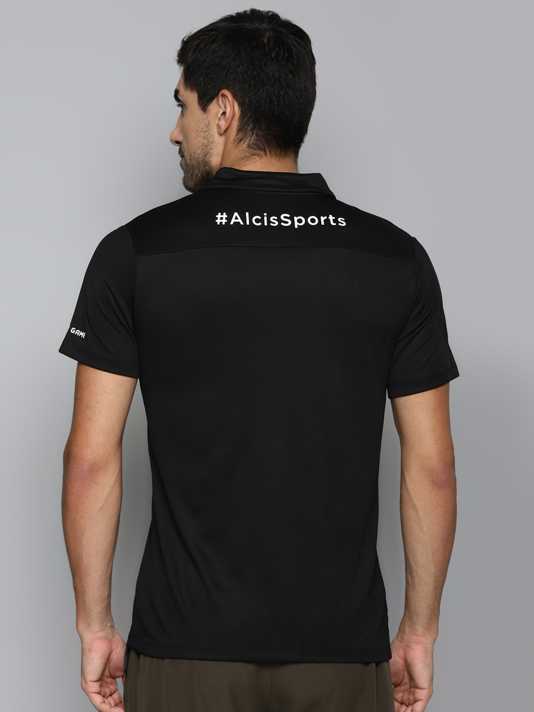 Alcis Men Black & White Brand Logo Printed Polo Collar Slim Fit Running T-shirt (3)