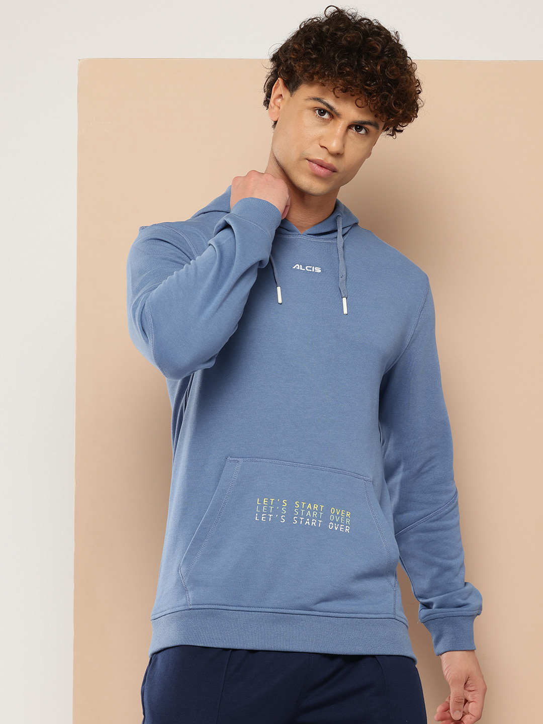 Men Blue Solid Hooded Sweatshirt