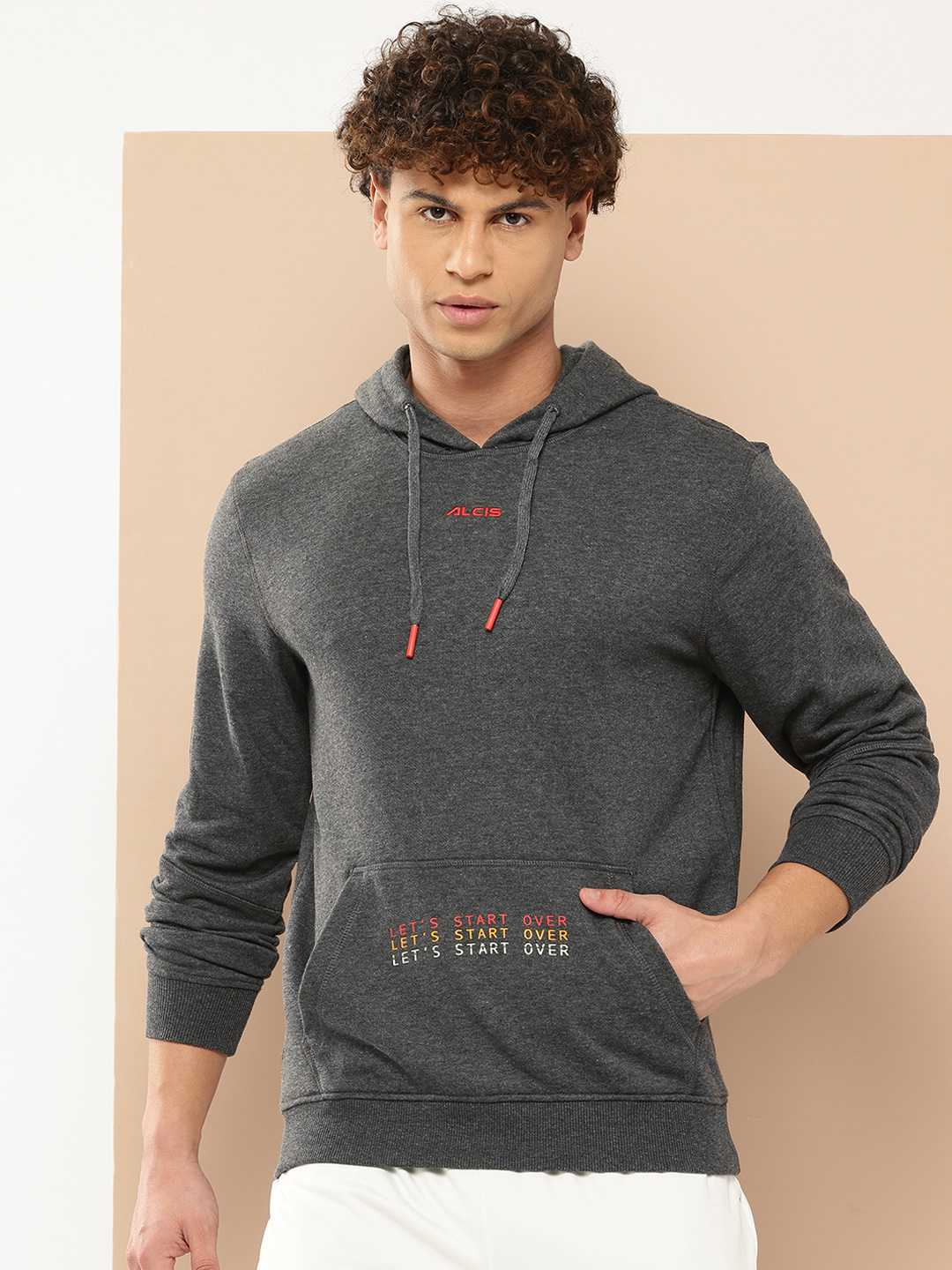 Men Charcoal Grey Solid Hooded Sweatshirt