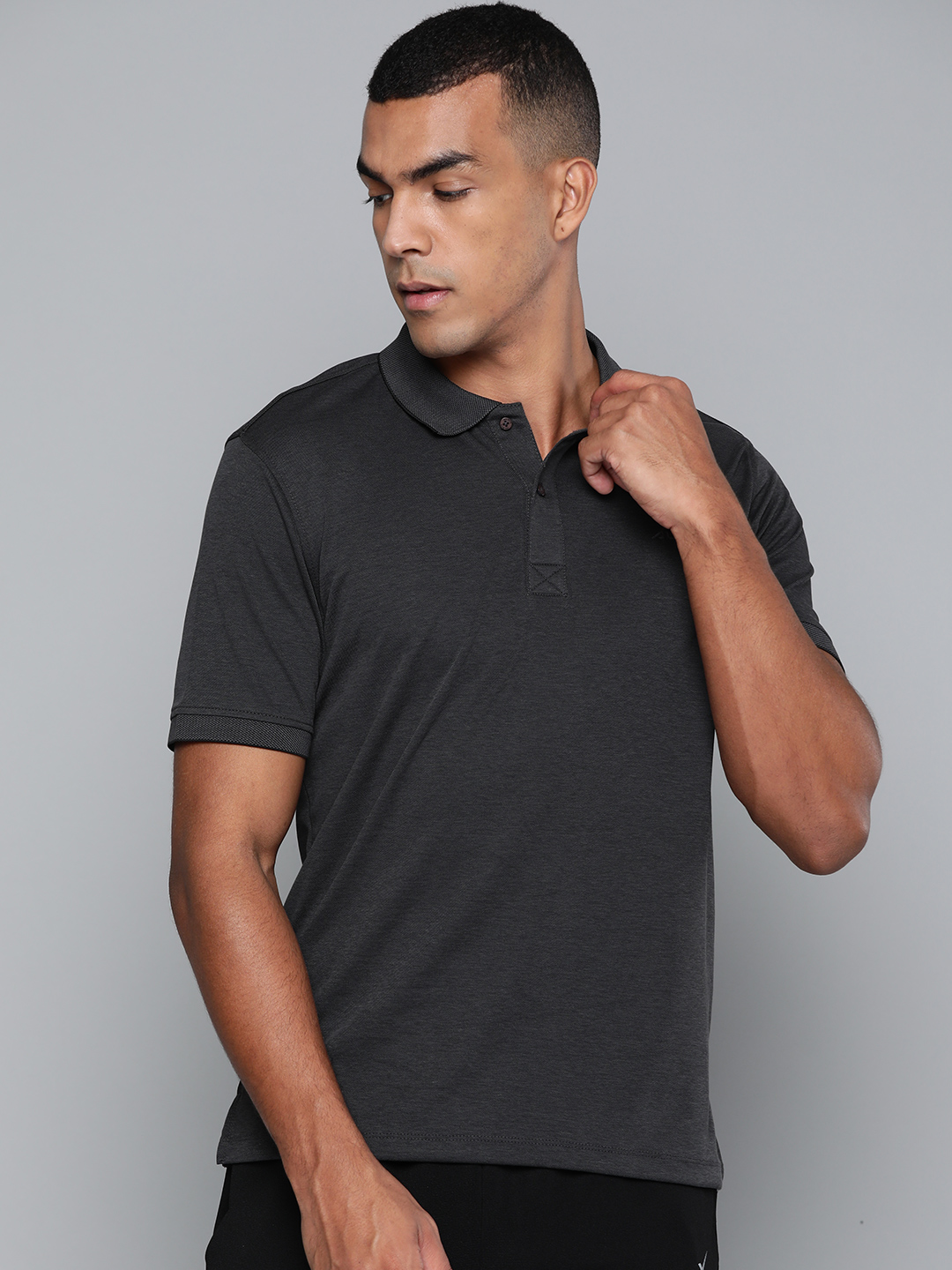 Men Charcoal Grey Solid Polo Collar T-shirt