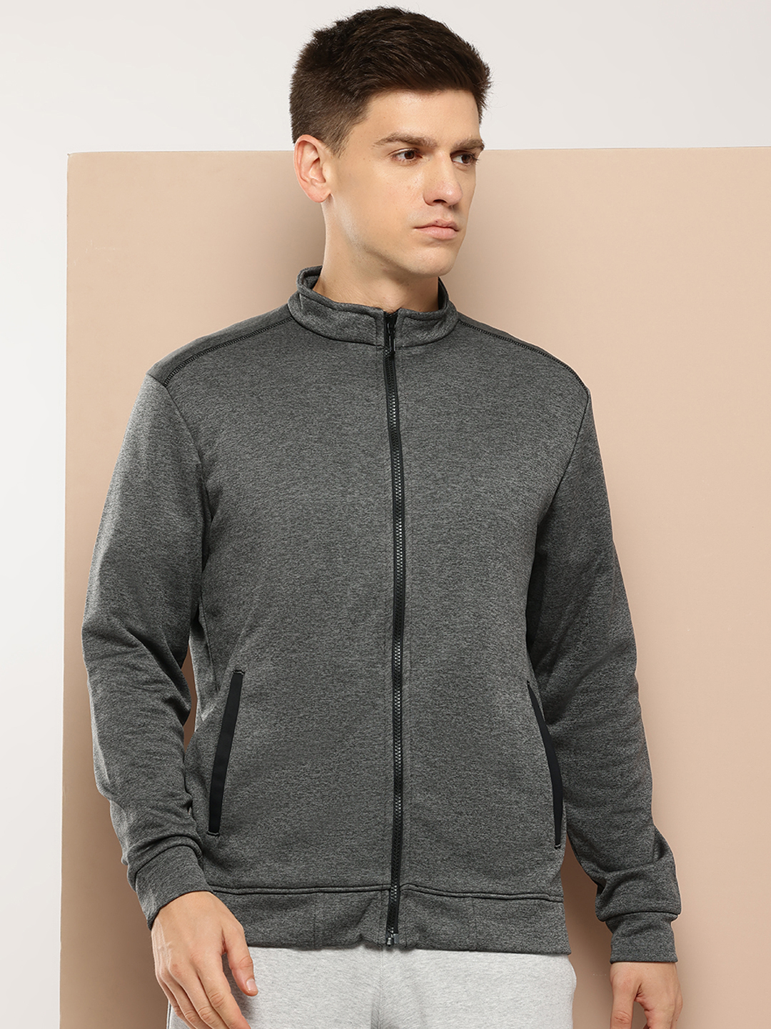 Men Charcoal Grey Solid Sporty Jacket