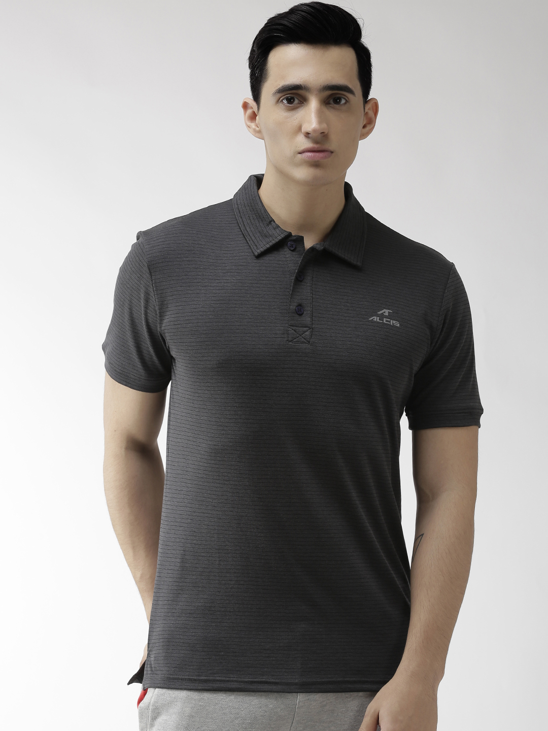 Men Charcoal Grey Striped  Polo Collar Training T-shirt