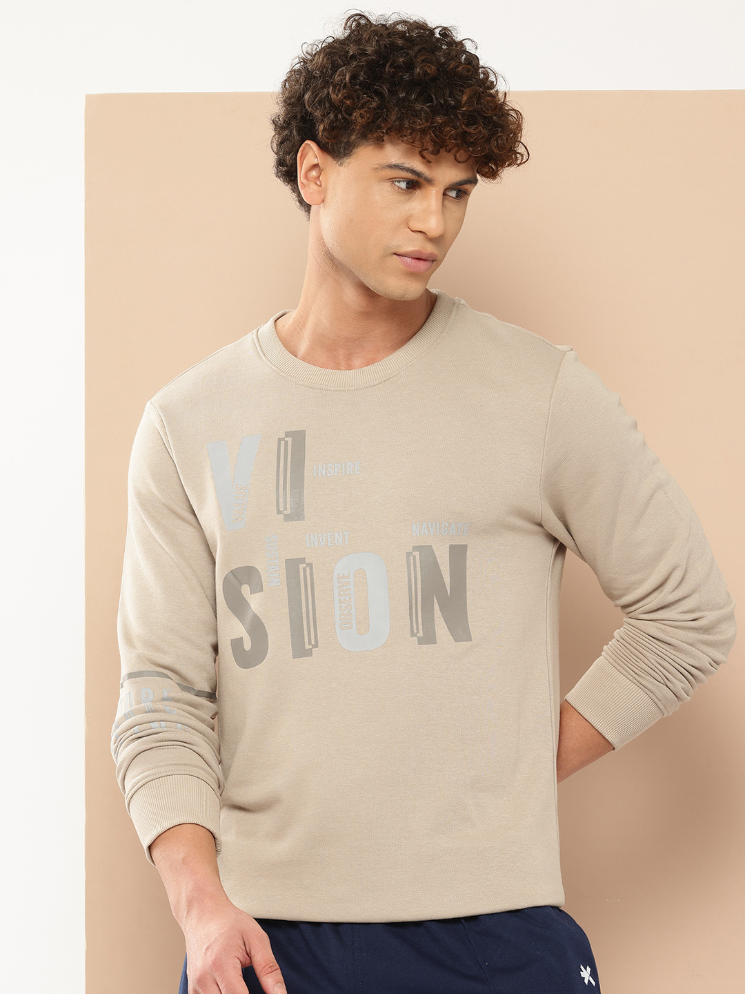 Men Cream-Coloured Printed Sweatshirt