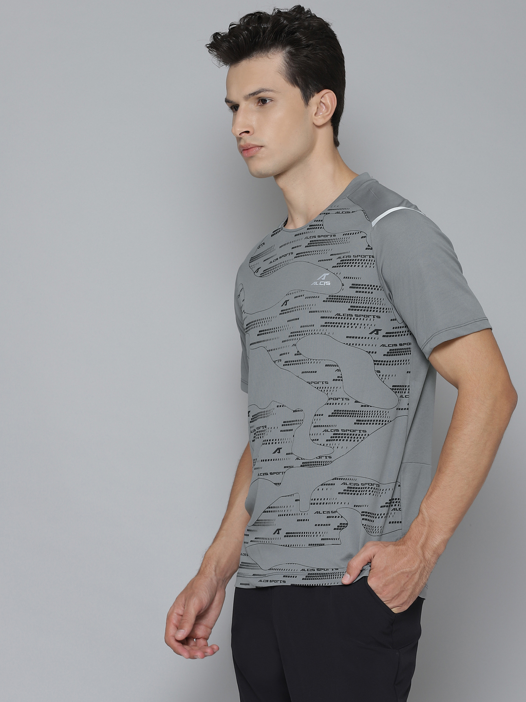 Alcis Men Grey & Black Printed Round Neck Sports T-shirt (2)