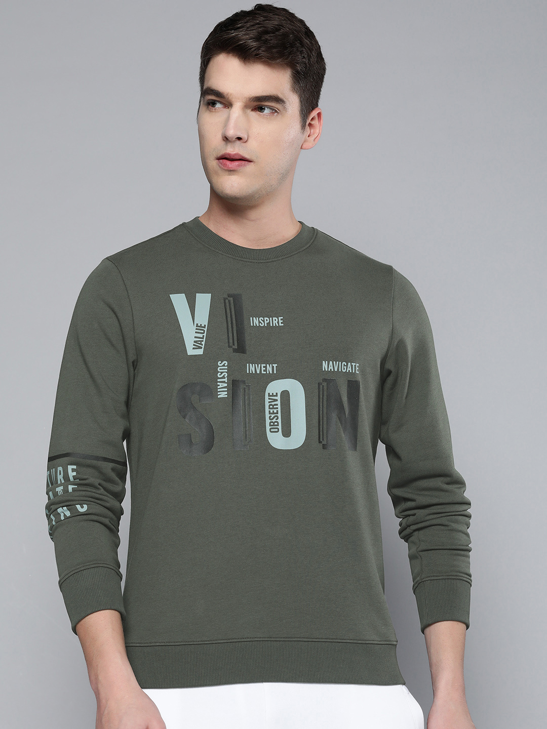 Men Olive Green Printed Sweatshirt