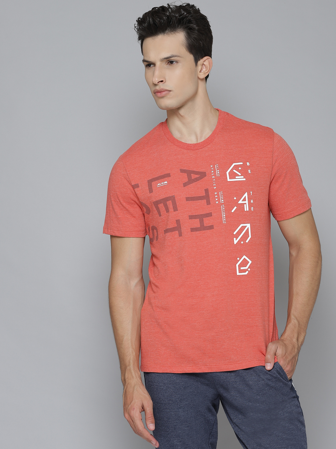 Men Rust Orange & White Printed Round Neck T-shirt