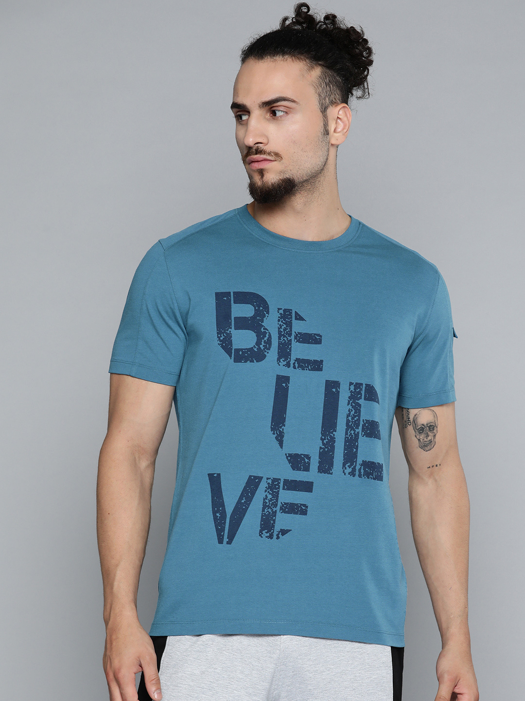 Men Teal Blue Typography Printed Slim Fit Gym T-shirt