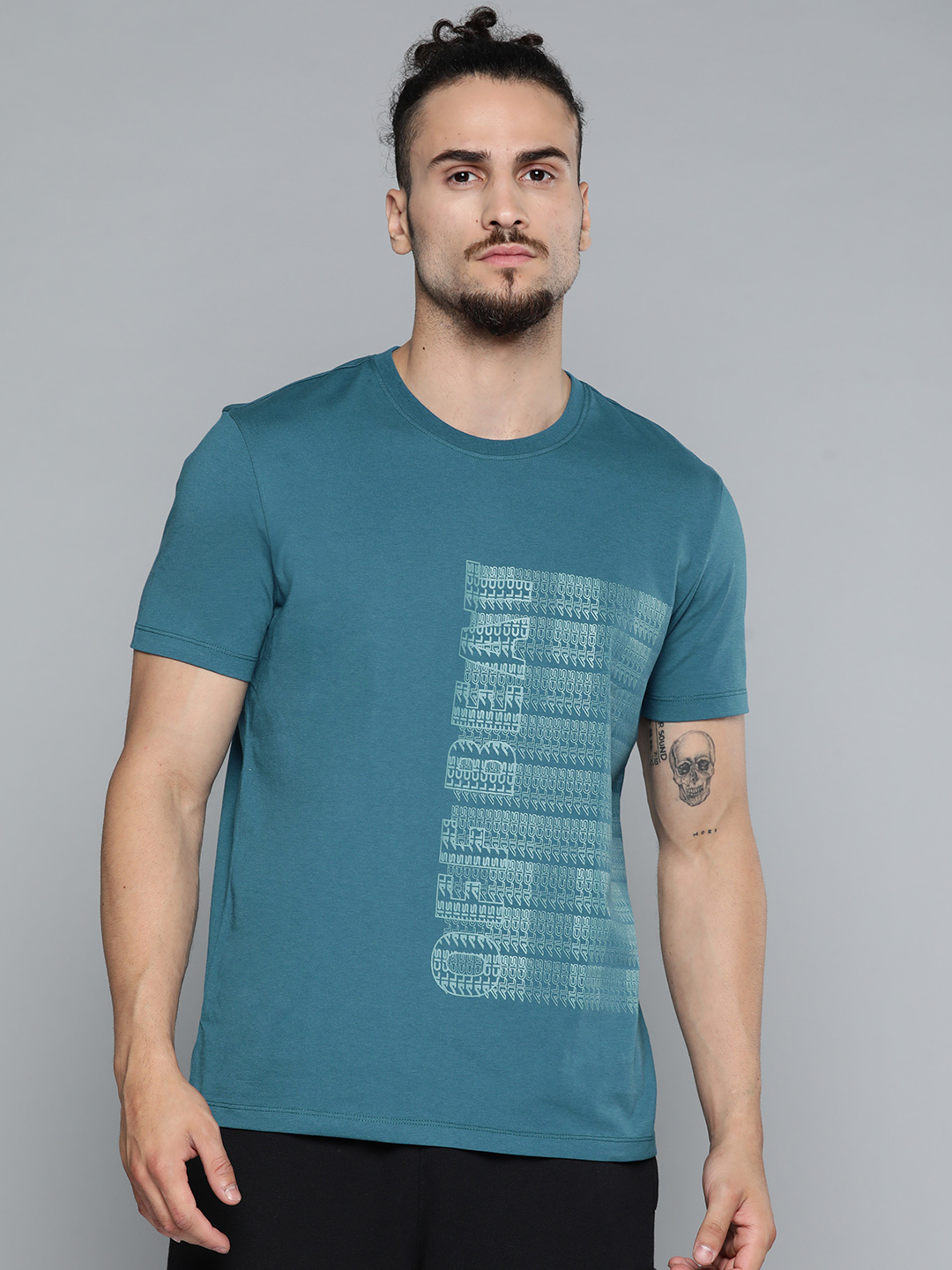 Men Teal Blue Typography Printed Slim Fit Gym T-shirt