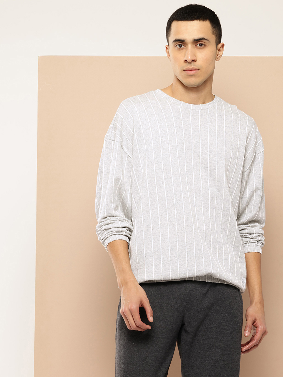 Striped Drop Shoulder Sleeve Sweatshirt with Typography Detail
