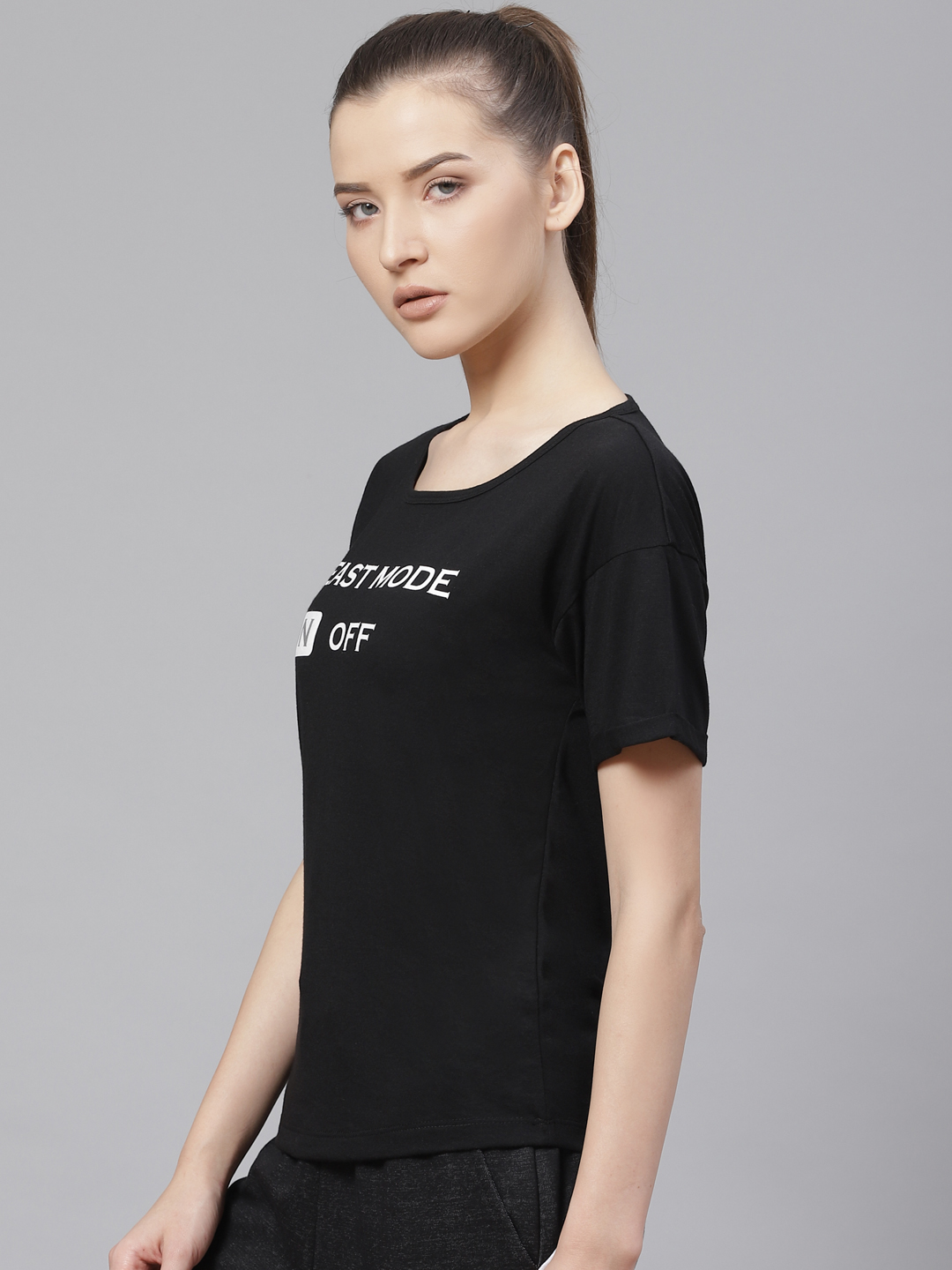 Alcis Women Black Printed Round Neck T-shirt (2)