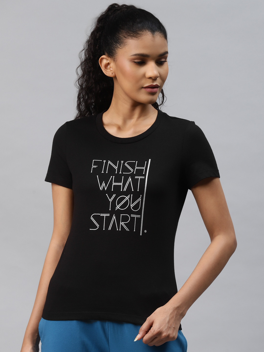 Women Black & White Typography Printed Slim Fit Outdoor T-shirt