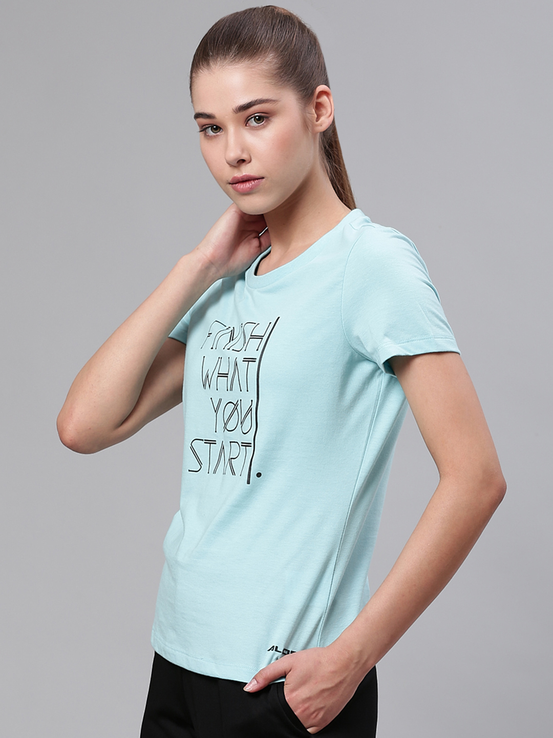 Alcis Women Blue & Black Printed Round Neck Sports T-shirt (2)