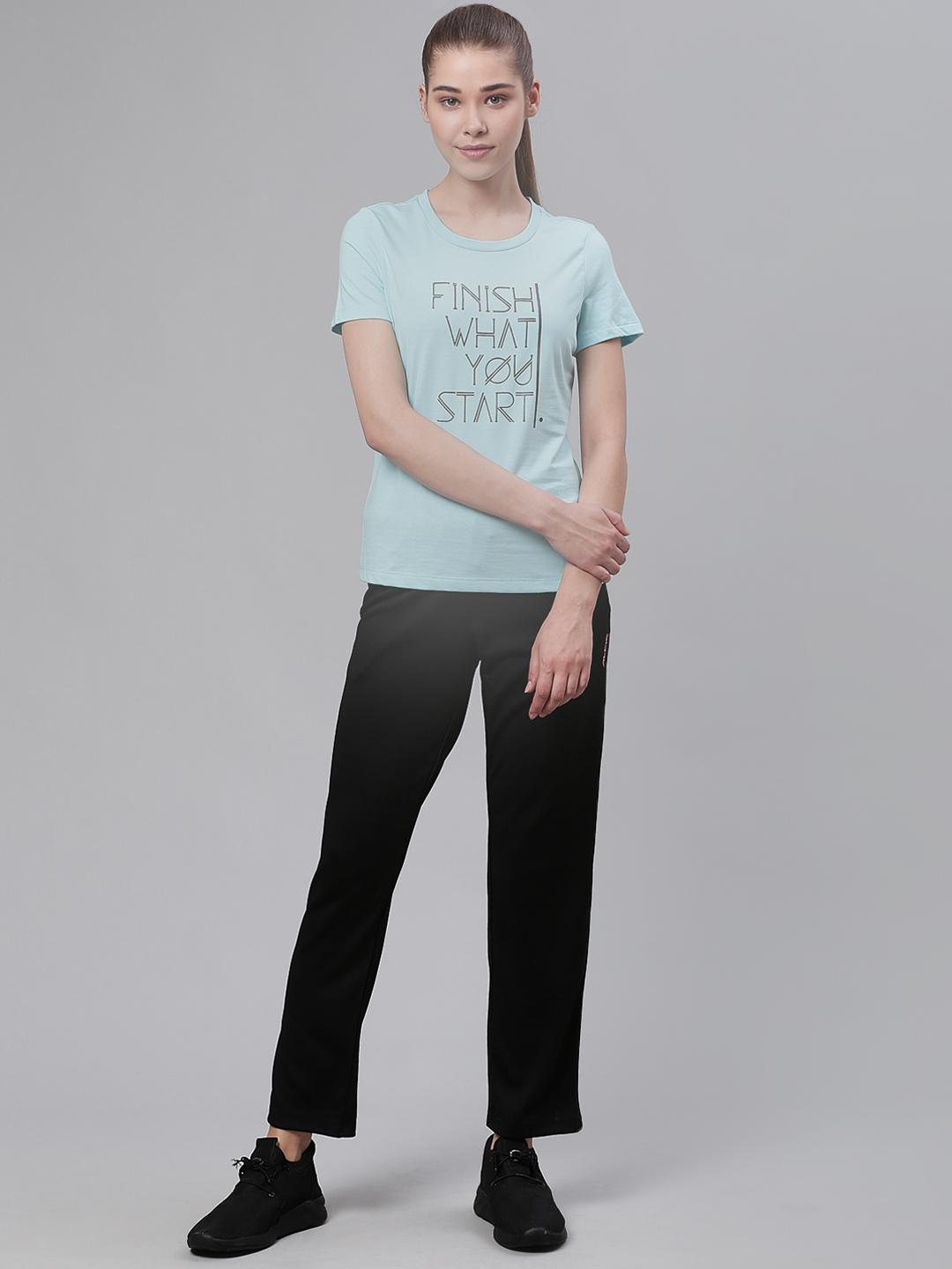 Alcis Women Blue & Black Printed Round Neck Sports T-shirt (4)
