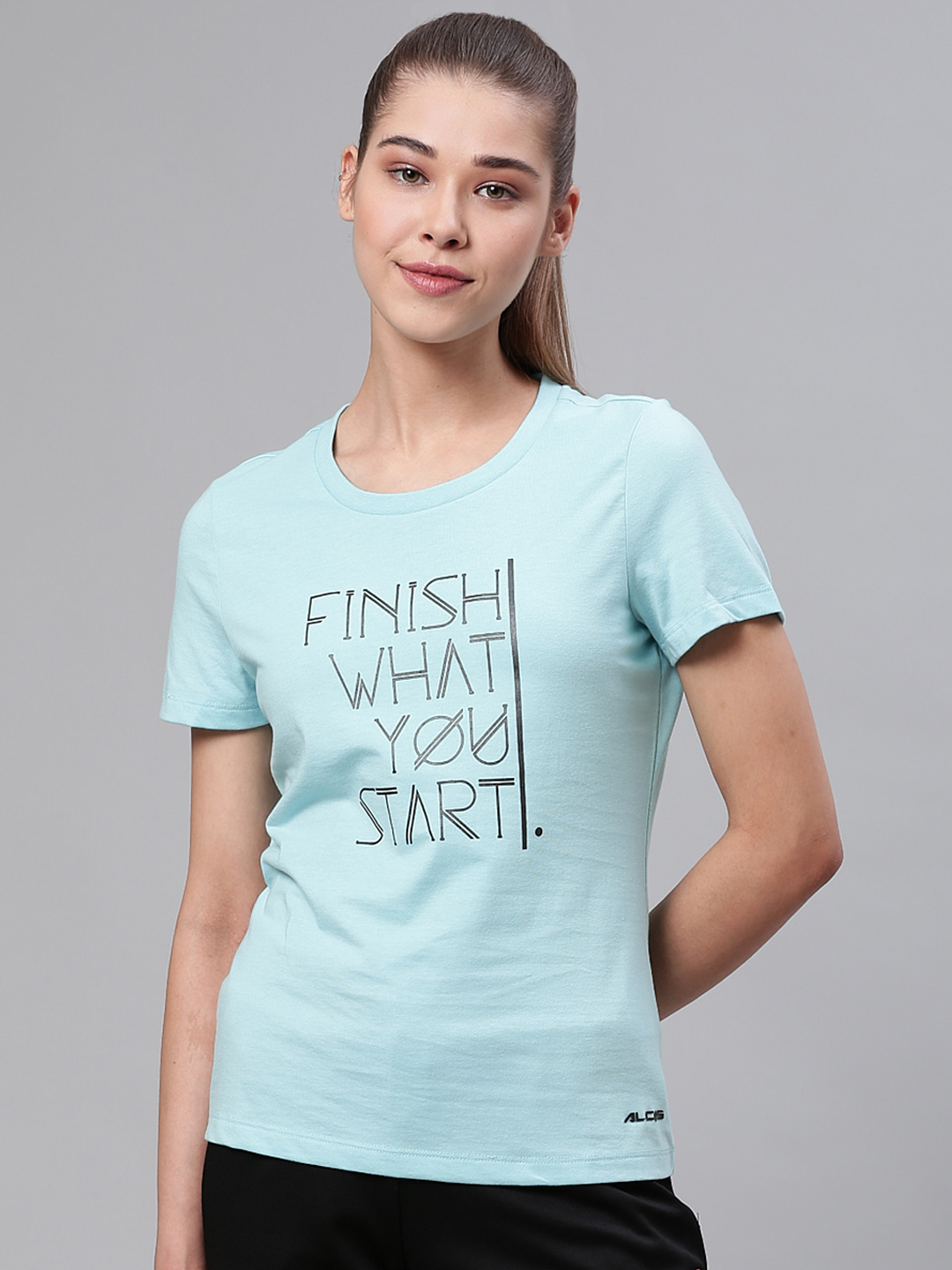 Women Blue & Black Printed Round Neck Sports T-shirt