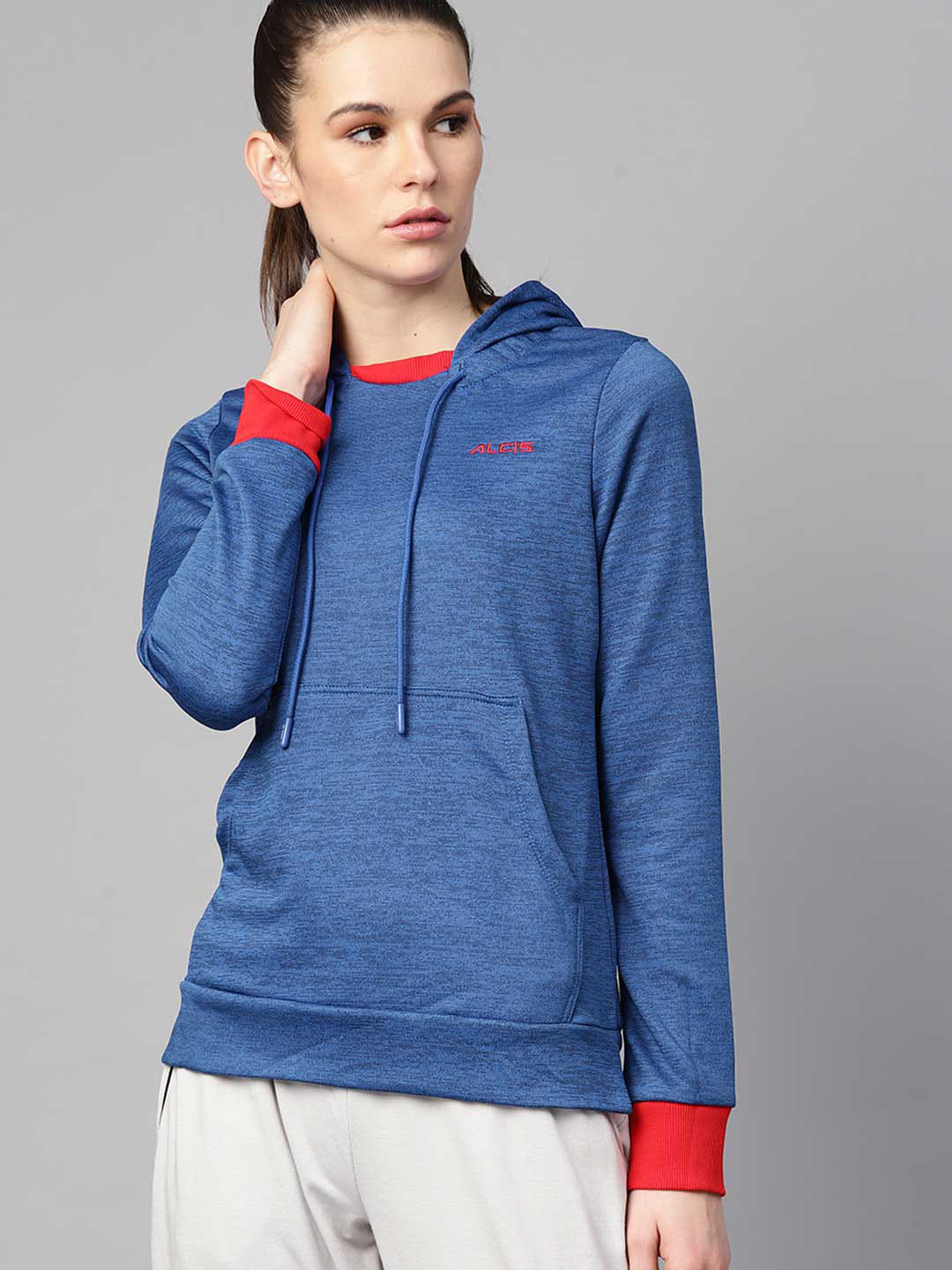 Women Blue Self Design Hooded Sweatshirt