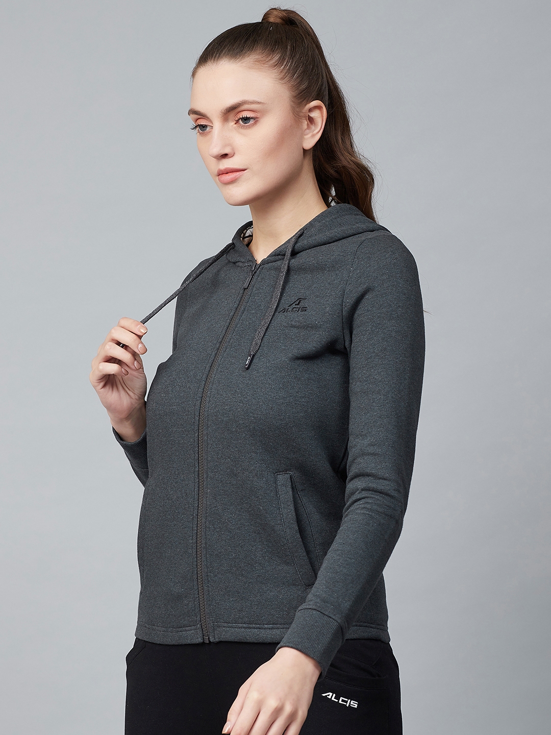 Alcis Women Charcoal Grey Solid Hooded Front-Open Sweatshirt (2)