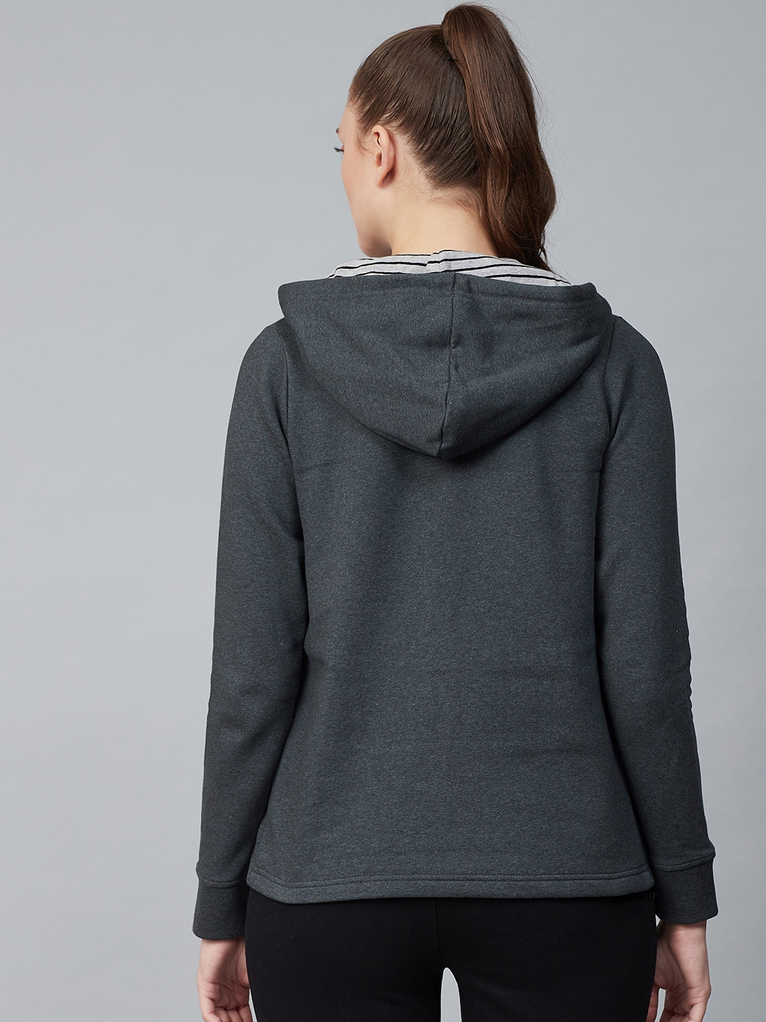 Alcis Women Charcoal Grey Solid Hooded Front-Open Sweatshirt (3)