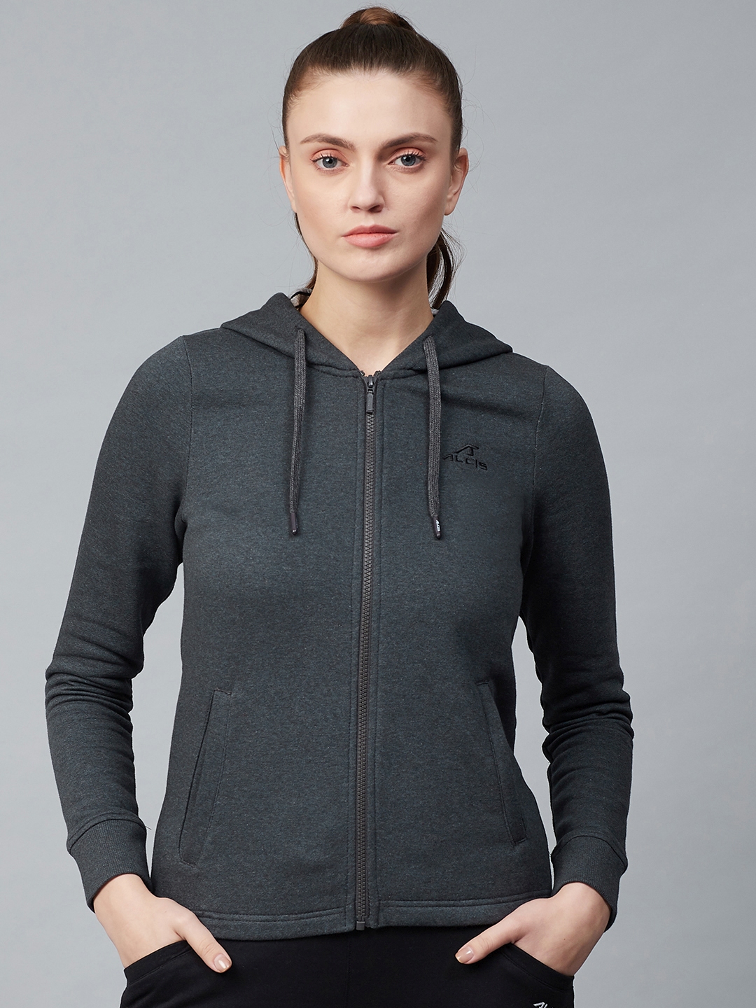 Women Charcoal Grey Solid Hooded Front-Open Sweatshirt