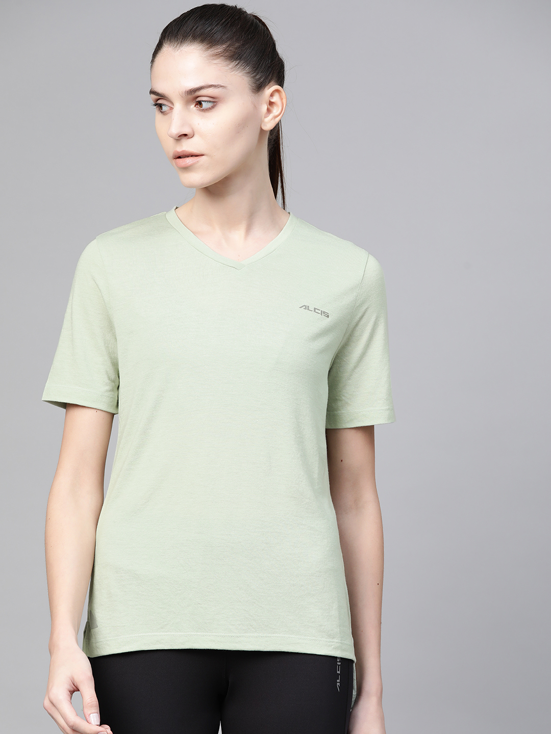 Women Green Solid V-Neck High-Low Training T-shirt