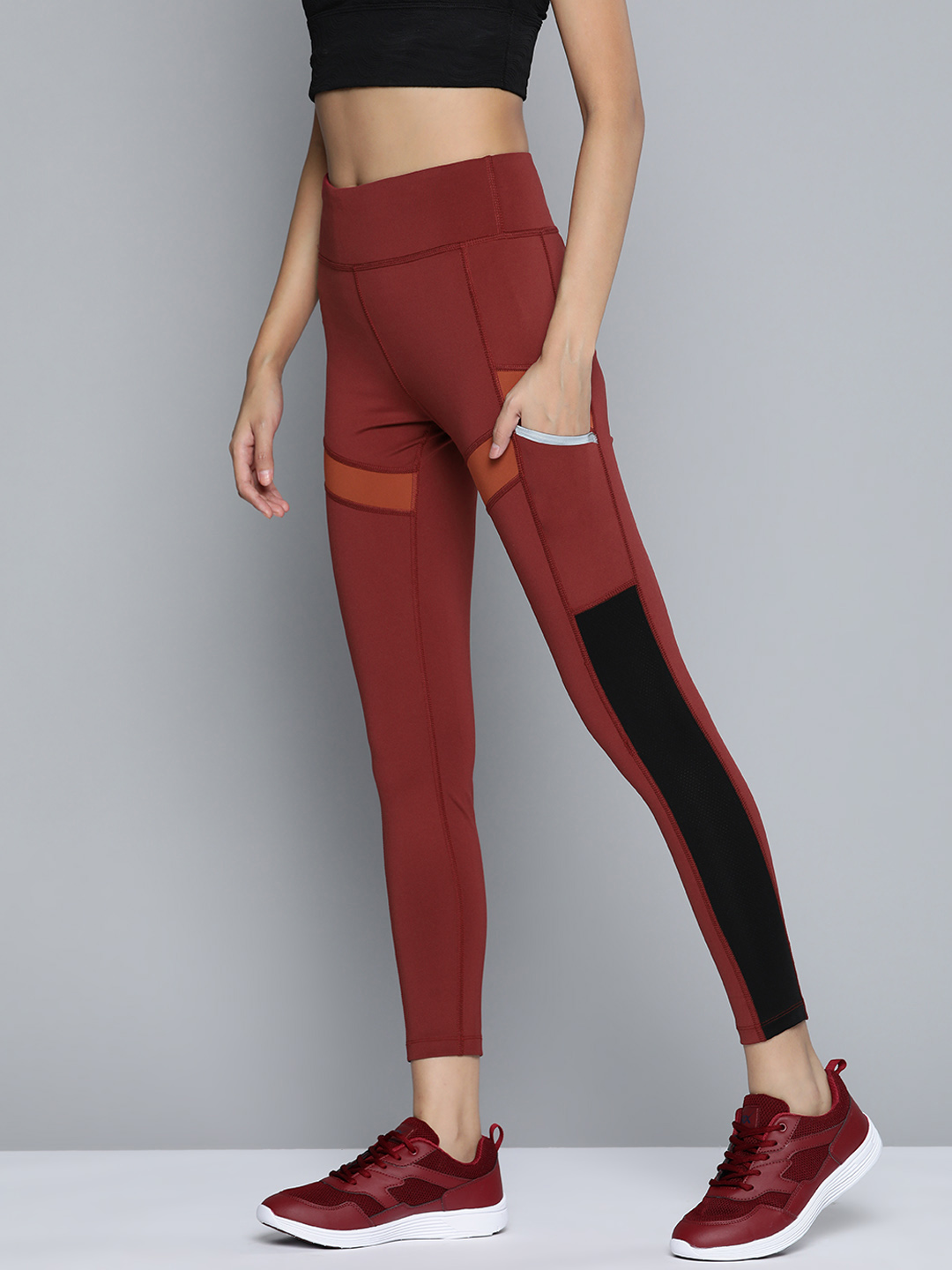 Alcis Women Maroon and Orange Slim-Fit Polyester Colourblocked Tights (5)