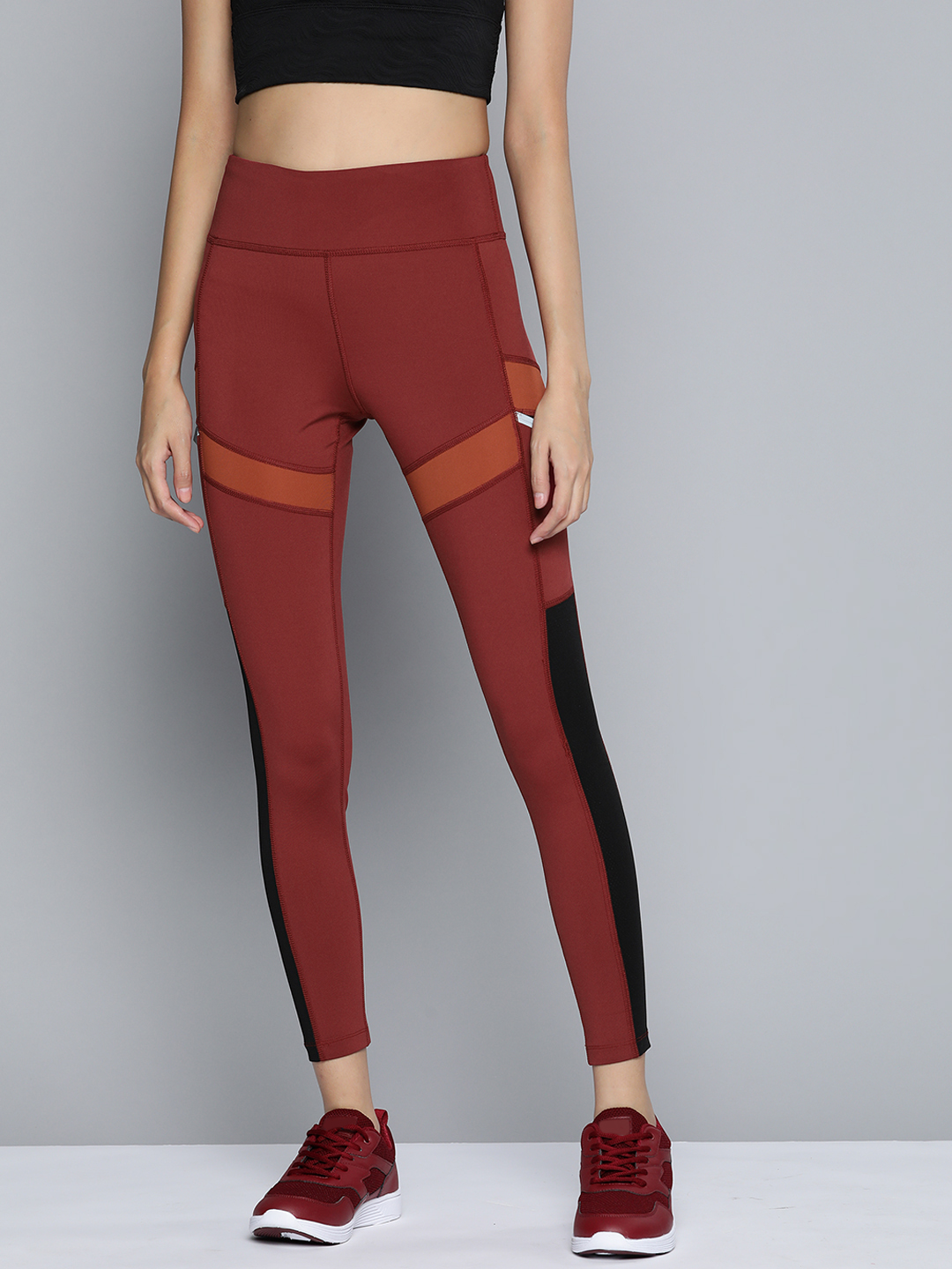 Women Maroon and Orange Slim-Fit Polyester Colourblocked Tights