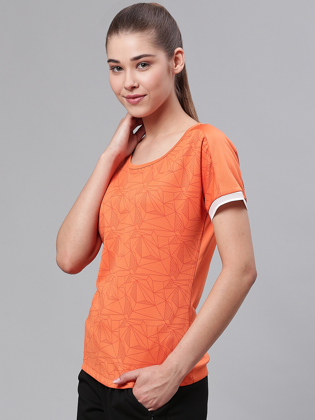 Alcis Women Orange Slim Fit Printed Round Neck Tennis T-shirt (2)