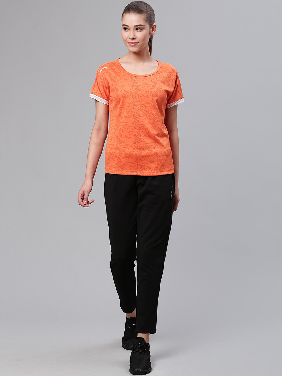 Alcis Women Orange Slim Fit Printed Round Neck Tennis T-shirt (4)
