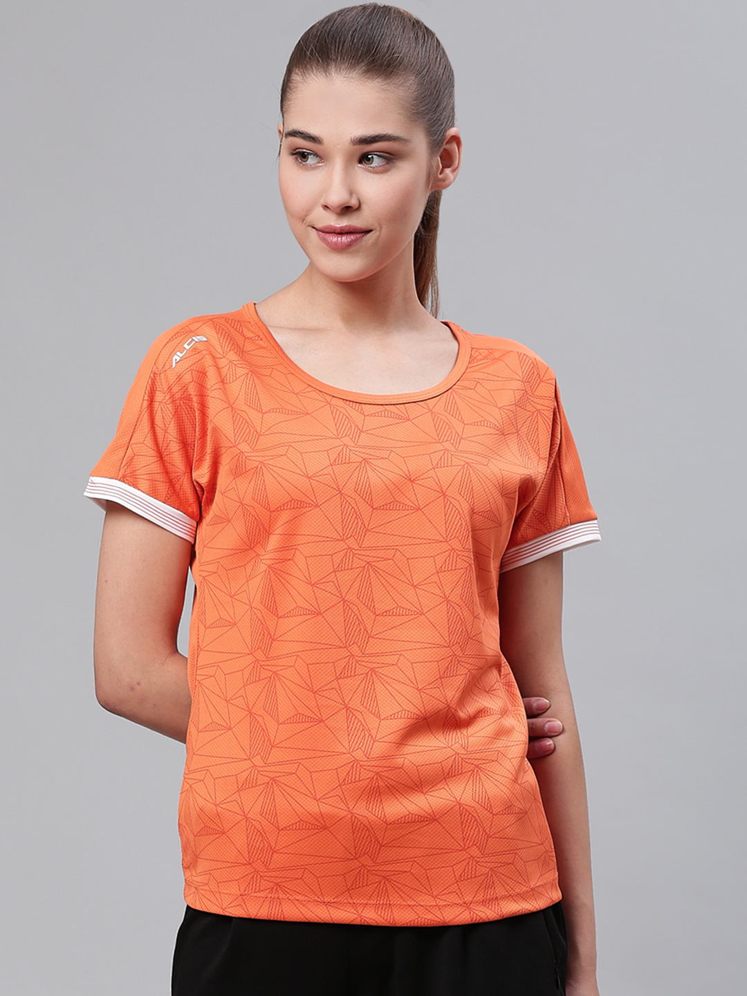 Women Orange Slim Fit Printed Round Neck Tennis T-shirt