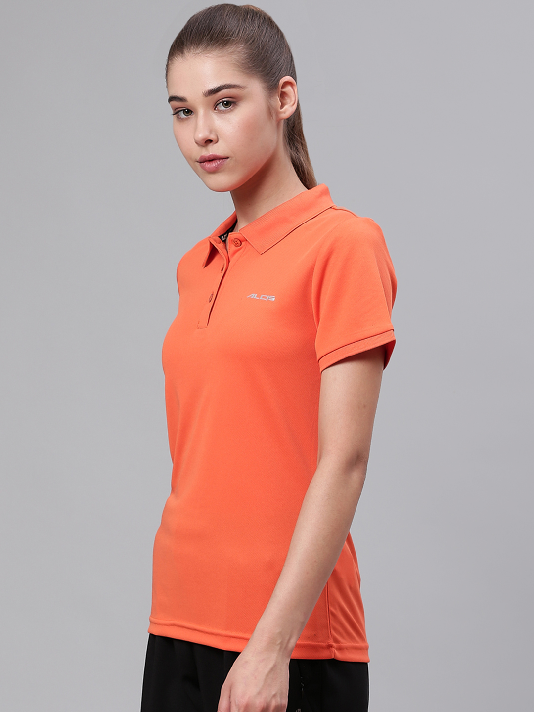 Alcis Women Orange Solid Polo Collar Sports T-shirt (2)