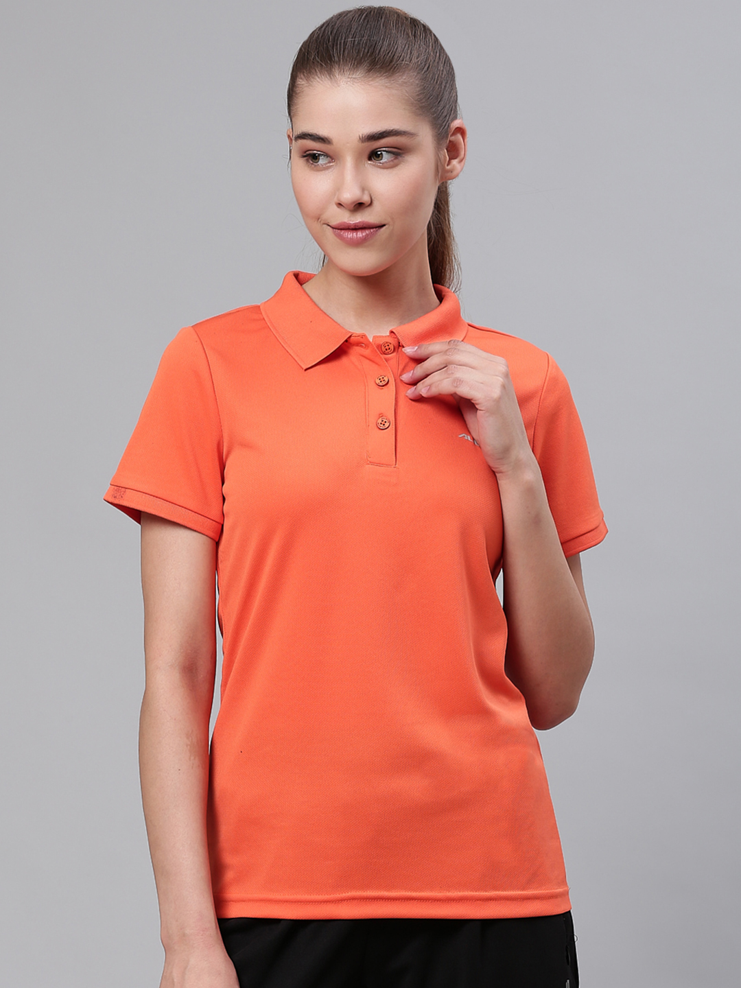 Alcis Women Orange Solid Polo Collar Sports T-shirt