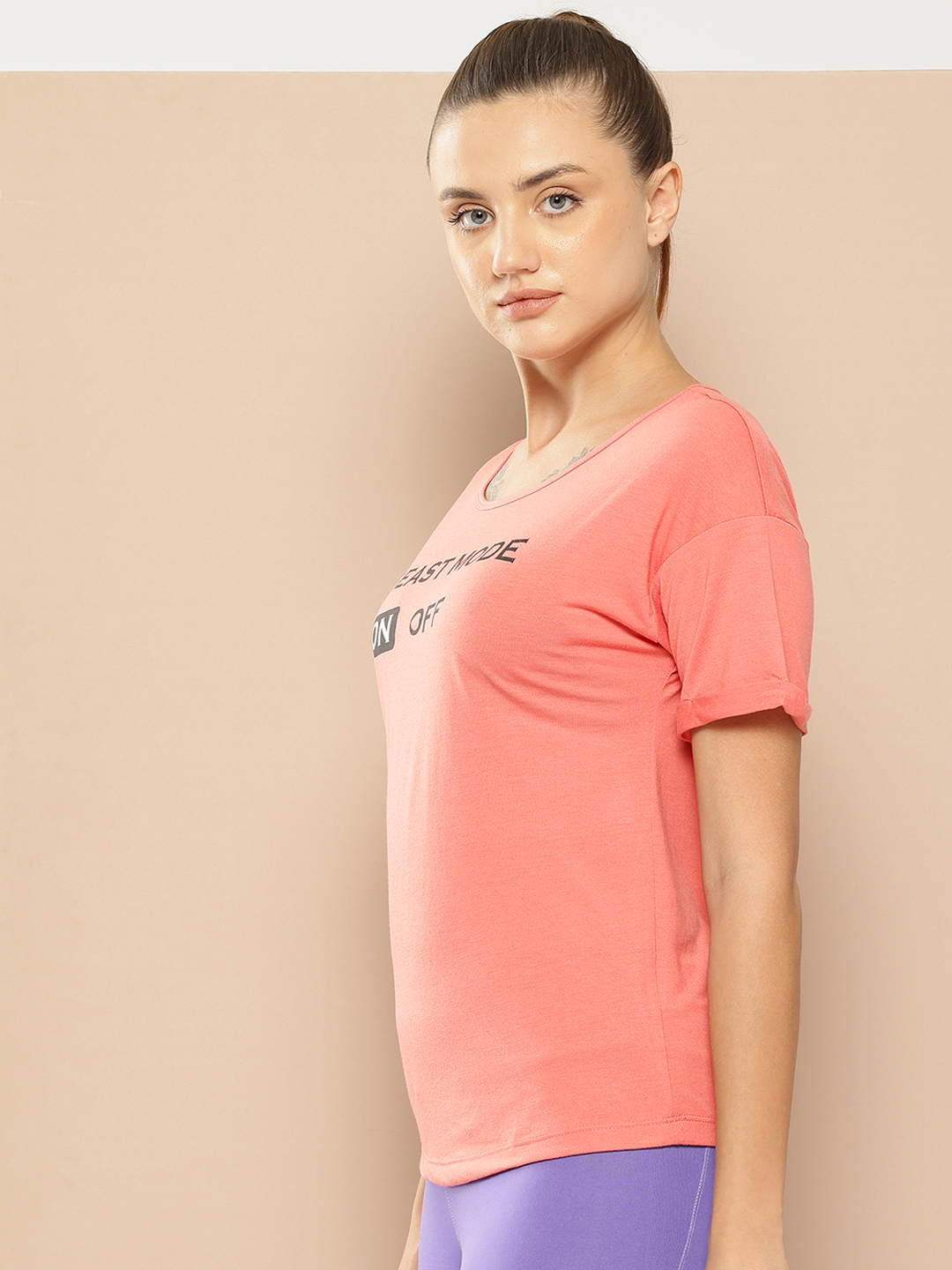 Alcis Women Peach-Coloured Printed Round Neck T-shirt (2)