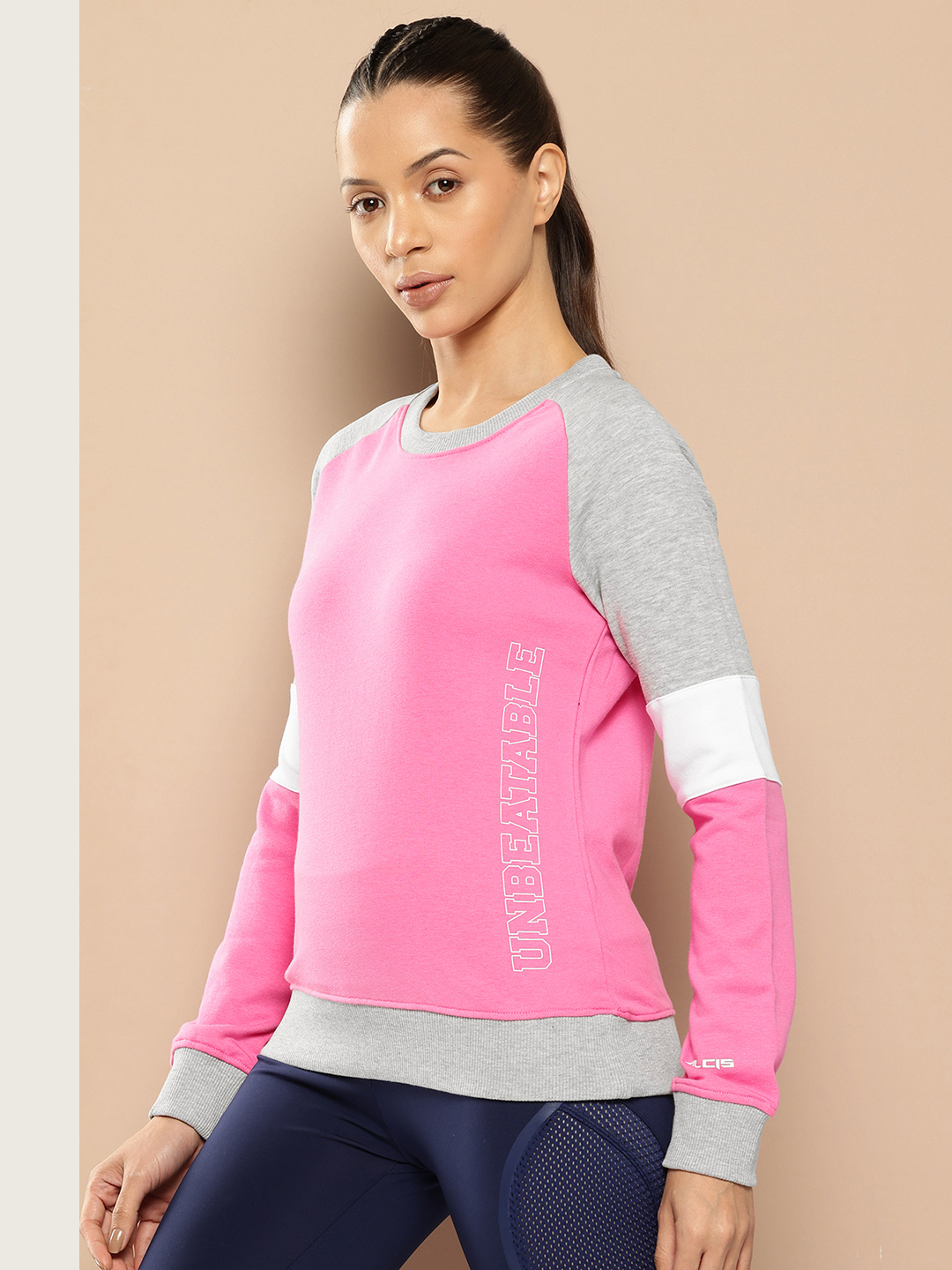 Alcis Women Pink & Grey Melange Colourblocked Cotton Sweatshirt with Side Applique Prints (2)